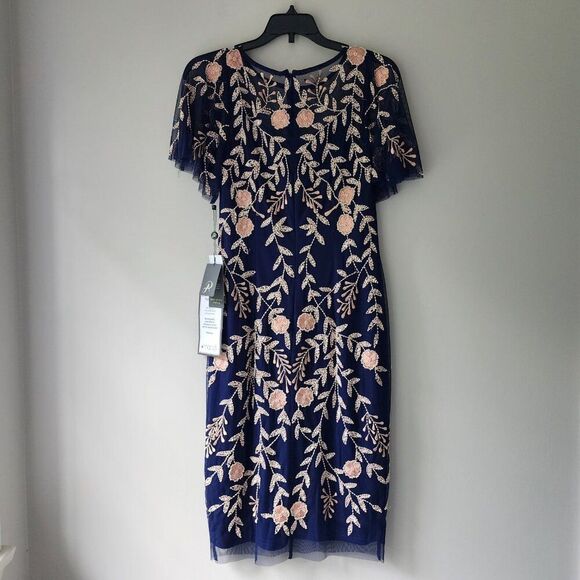 Adrianna Papell Illusion Cocktail Dress | Beaded | Flutter Sleeve, Sheer, Size 4 - Picture 6 of 13